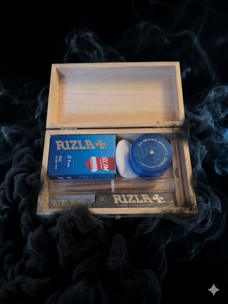 Travel Box With Handmade Wooden Rolling tool For Creating The Perfect Cone With All Accessories Thats Needed