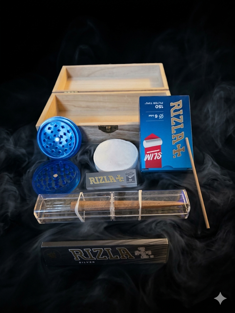 Travel Box With Handmade Wooden Rolling tool For Creating The Perfect Cone With All Accessories Thats Needed